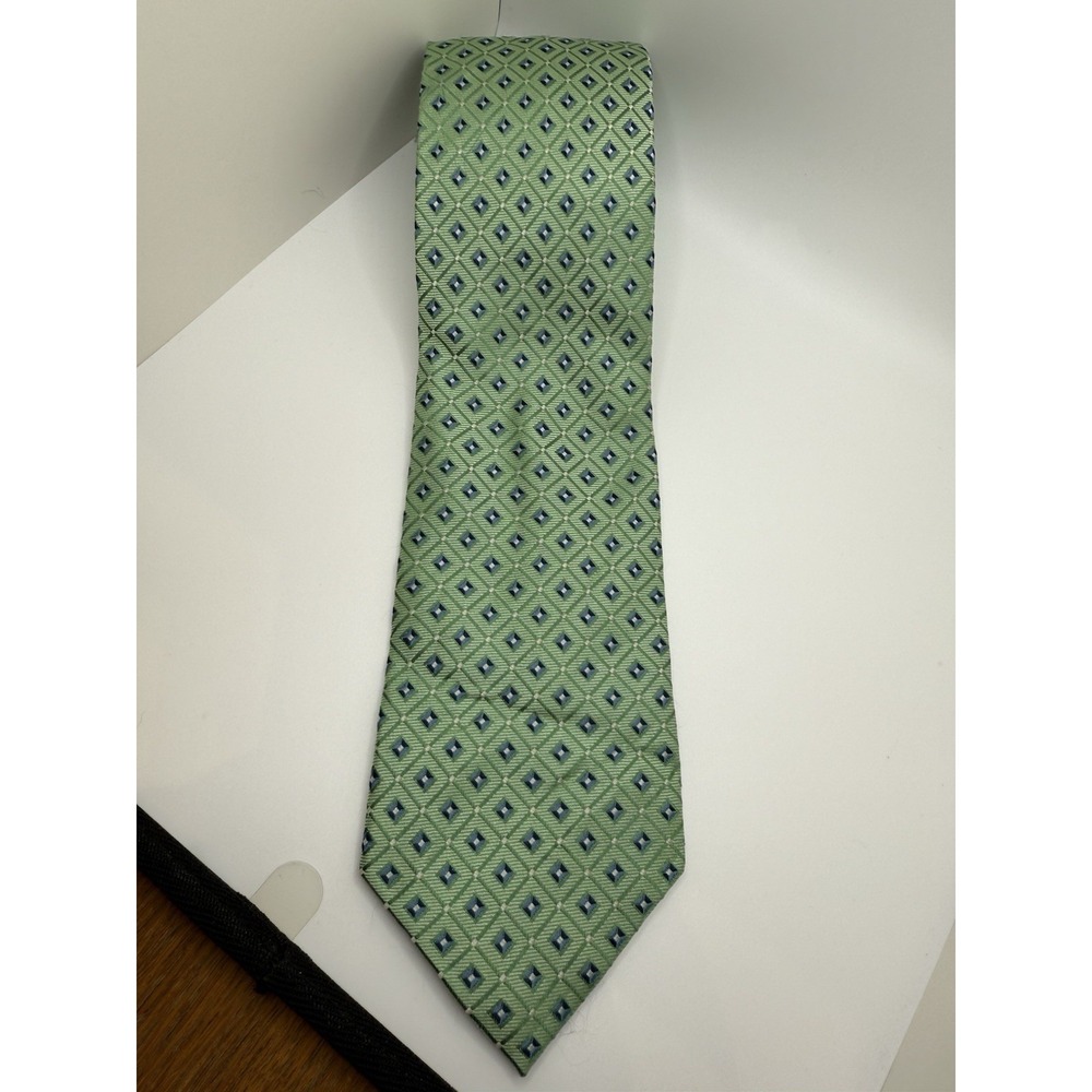 Nautica Green Geometric Silk Tie Blue Diamond Pattern Classic 3.25" Wide 63"